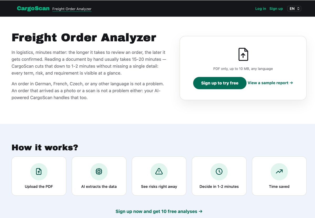 CargoScan upload screen at cargoscan.m2x.dev, including the how-it-works steps