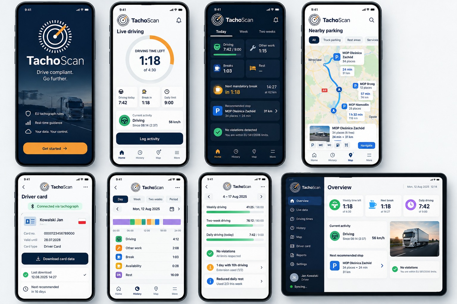 TachoScan app screens: live driving time, daily/weekly overview, driver card, nearby parking, and a dispatcher web dashboard